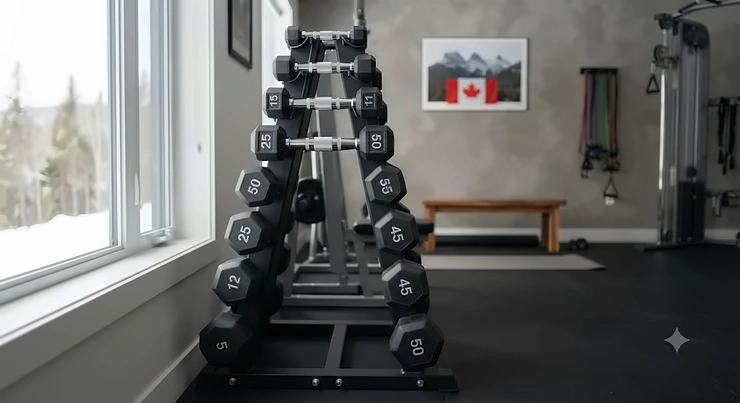 A complete set of fixed weight dumbbells neatly organized on a rack in a modern Canadian home gym.