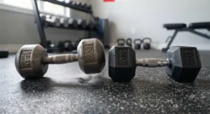 Rubber hex dumbbells protecting a home gym floor compared to traditional cast iron dumbbells.
