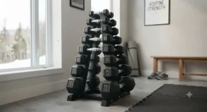 A full vertical rack of fixed weight dumbbells ready for a comprehensive strength routine in a home gym.