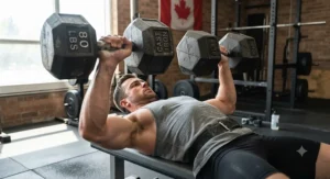 Heavy-duty cast iron dumbbells being lifted during a challenging upper-body weightlifting session.