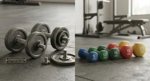 Detailed illustration comparing solid steel Ironmaster style adjustable dumbbells against traditional fixed studio dumbbells.