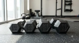 Hexagonal cast iron dumbbells preventing rolling on a workout studio floor.