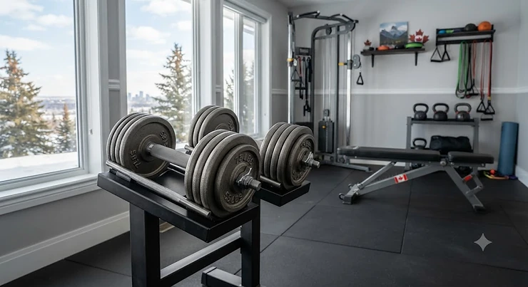 Illustration of Ironmaster style adjustable dumbbells set up in a modern Canadian home gym.