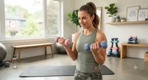 Woman lifting lightweight studio dumbbells for women to tone arms during an active living routine.
