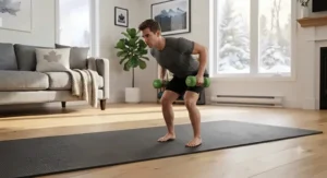 Man performing upper body exercises using neoprene dumbbells for home workouts in his apartment.