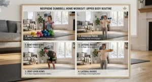 Step-by-step visual guide showing upper body routines using neoprene dumbbells for home workouts.