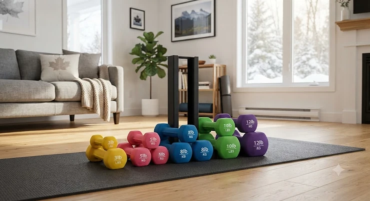 Set of colorful neoprene dumbbells for home workouts in a modern Canadian living room.
