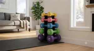 Compact storage rack holding various sizes of neoprene dumbbells for home workouts.
