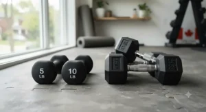Side-by-side comparison showing rubber hex dumbbells alongside lighter hand weights for home workout versatility.