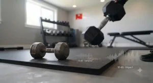 Demonstrating noise reduction with rubber hex dumbbells in a basement workout space.