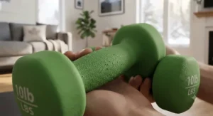 Close-up of textured non-slip coating on neoprene dumbbells for safe home workouts.
