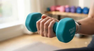 Close-up illustration highlighting the non-slip neoprene coating on studio dumbbells for women.