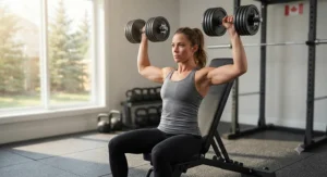 Illustration of an athlete performing an overhead shoulder press with stable Ironmaster style adjustable dumbbells.