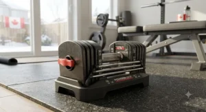 Pin-lock weight selection system on heavy adjustable dumbbells designed for Canadian home gym strength training.