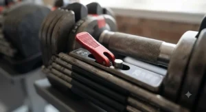 Close-up view of the pin and lever locking system on a quick-change adjustable dumbbell.