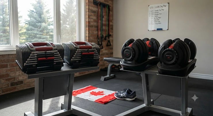 Side-by-side comparison of quick-change adjustable dumbbells and dial adjustable dumbbells set up in a Canadian home gym.
