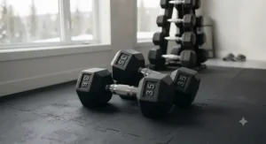 Rubber-encased fixed weight dumbbells resting on protective gym flooring during a home exercise session.