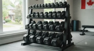 A multi-tier rack holding a full vertical set of the best rubber hex dumbbells available in Canada.