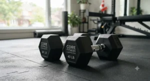 A pair of premium rubber hex dumbbells ready for strength training and full-body conditioning routines across Canada.