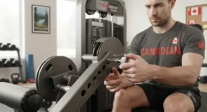 Quick-adjust pop-pin mechanism for changing exercise modes on a versatile home gym leg machine.