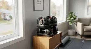 Compact stack of Bowflex SelectTech dumbbells demonstrating space-saving design for apartments or home fitness spaces.