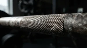 Detailed grip knurling on a standard 20kg olympic barbell for home gym safety and hold.