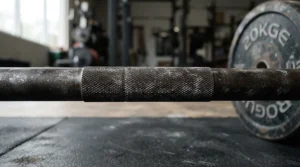 Close-up of a stainless steel 20kg olympic barbell for home gym strength training routines.