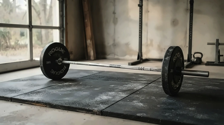 An affordable 45lb olympic barbell used for budget training sessions at home.