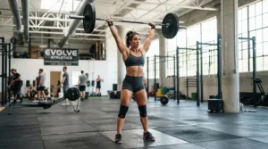 An athlete performing an overhead lift with a standard 45lb olympic barbell.