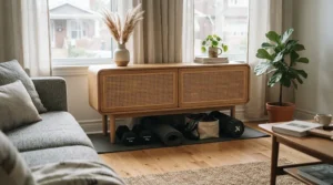 Illustration showing best budget dumbbell sets stored under a sofa in a compact apartment