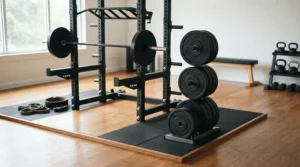 Illustration of expandable best budget dumbbell sets with extra weight plates stacked nearby