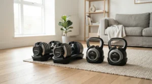 Illustration of best budget dumbbell sets arranged neatly on a floor in a Canadian living room for a home workout