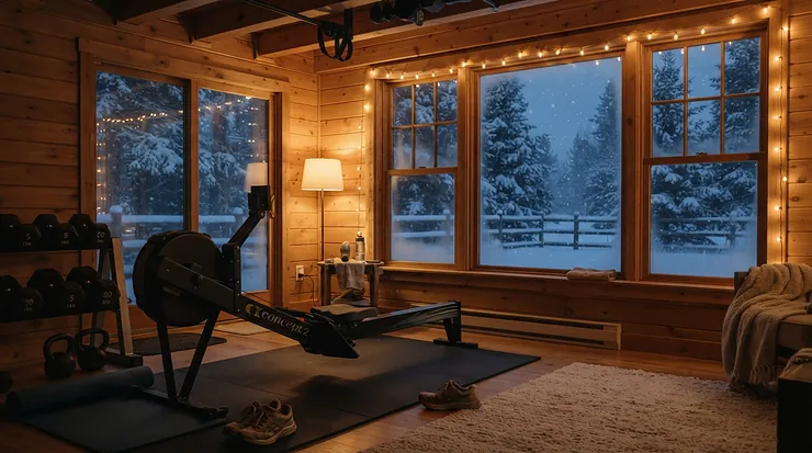 Illustration of best budget dumbbell sets used for indoor strength training during a snowy Canadian winter