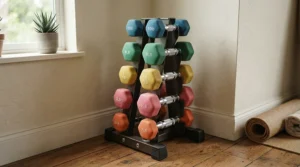 Compact storage rack holding the best dumbbell set for beginners in a modern Toronto apartment.