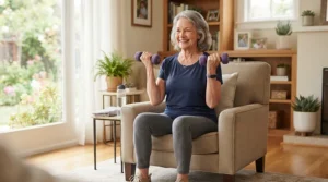 An active senior following a routine with the best dumbbell set for beginners in a sunlit den.