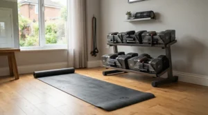 A dedicated corner featuring the best dumbbell set for beginners alongside a yoga mat.