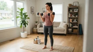 Fitness instructor teaching proper form using the best dumbbell set for beginners in a home gym.