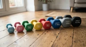 Close-up of starter weight ranges included in the best dumbbell set for beginners on a hardwood floor.
