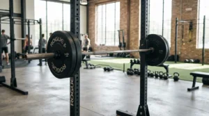 Rack setup featuring the best powerlifting barbell ready for squats in a Canadian fitness facility.