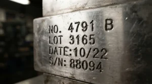 Close-up inspection of high tensile strength PSI specifications on the best powerlifting barbell.