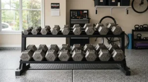 A commercial-grade dumbbell set with rack optimizing floor space in a suburban garage workout area.