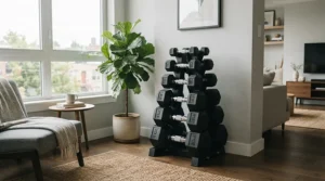 A compact dumbbell set with rack neatly tucked into a corner of a modern apartment living room, ideal for small Canadian homes.