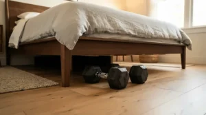 Compact dumbbell sets tucked neatly under a bed frame for apartment storage solutions