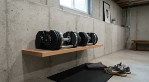Compact dumbbell sets organized on a compact shelf in a finished basement gym space