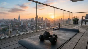 Compact dumbbell sets set up for an invigorating morning workout on a Vancouver condo balcony