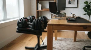 Compact dumbbell sets stored behind a standing desk for quick fitness breaks during the workday