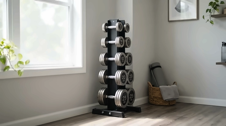 Compact dumbbell sets arranged on a rack designed for small-space home gym setups