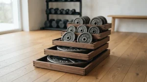 Compact dumbbell sets featuring stackable dumbbell trays on a hardwood floor