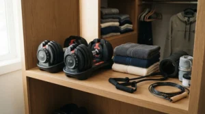 Compact dumbbell sets packed efficiently into a designated gear closet for easy home organization