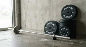 A complete 45lb olympic barbell and weight plate set organized neatly in a training space.